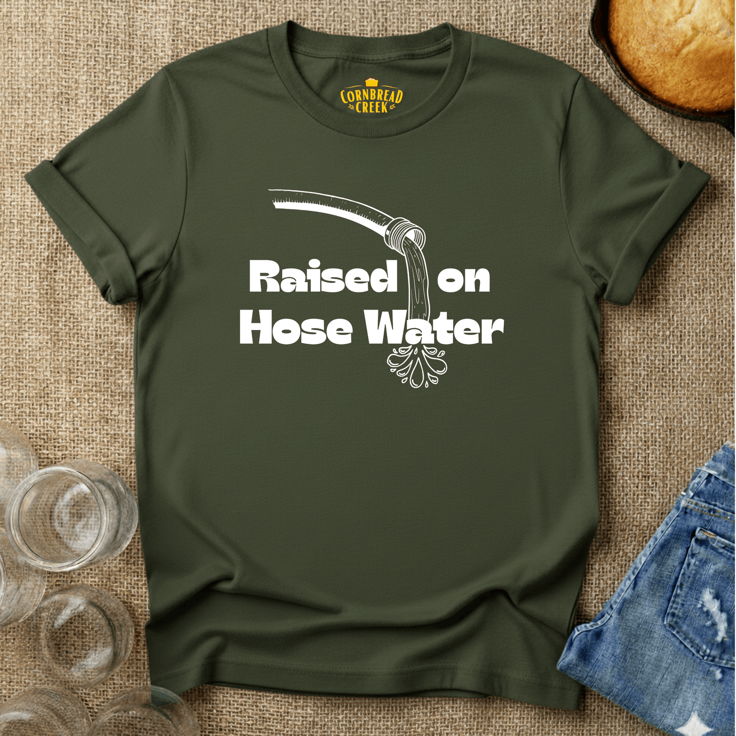 Raised on Hose Water T-Shirt Chicken and Rural Homestead Graphic tee Cornbread Creek