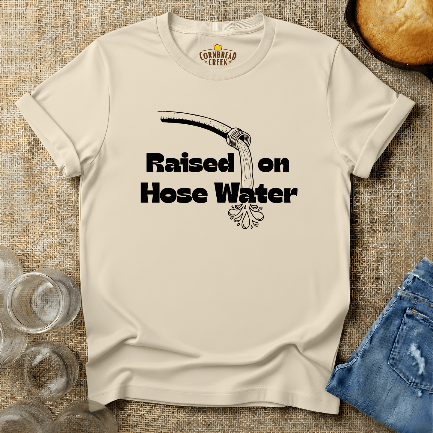 Raised on Hose Water T-Shirt Chicken and Rural Homestead Graphic tee Cornbread Creek