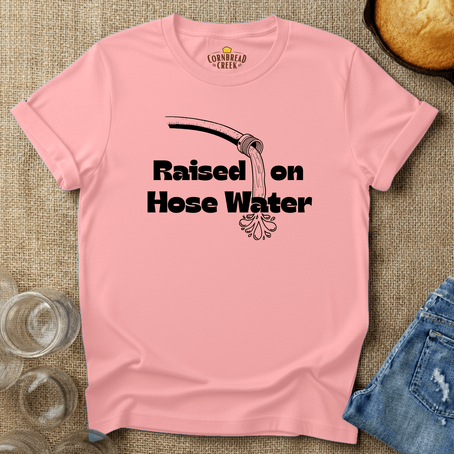 Raised on Hose Water T-Shirt Chicken and Rural Homestead Graphic tee Cornbread Creek
