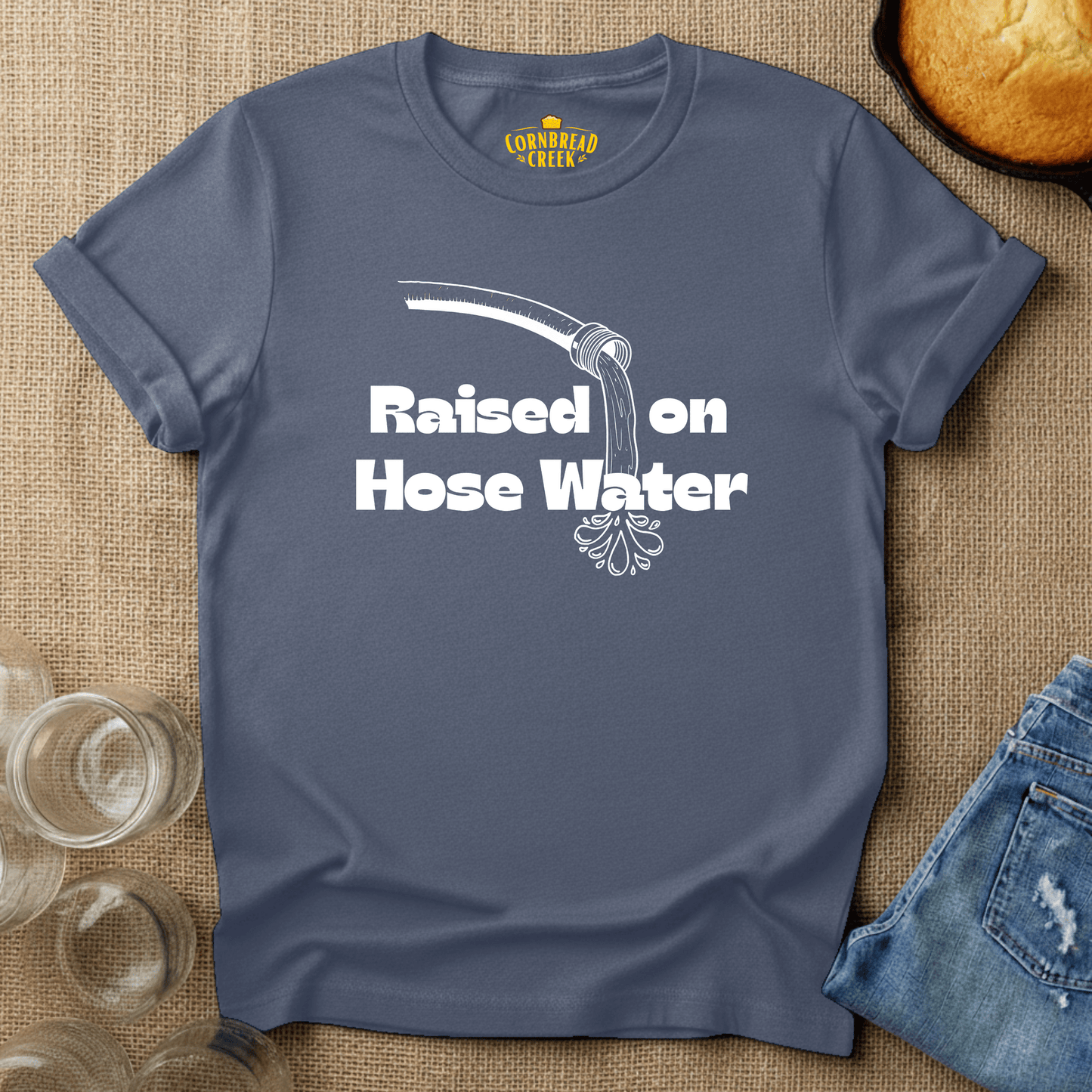 Raised on Hose Water T-Shirt Chicken and Rural Homestead Graphic tee Cornbread Creek