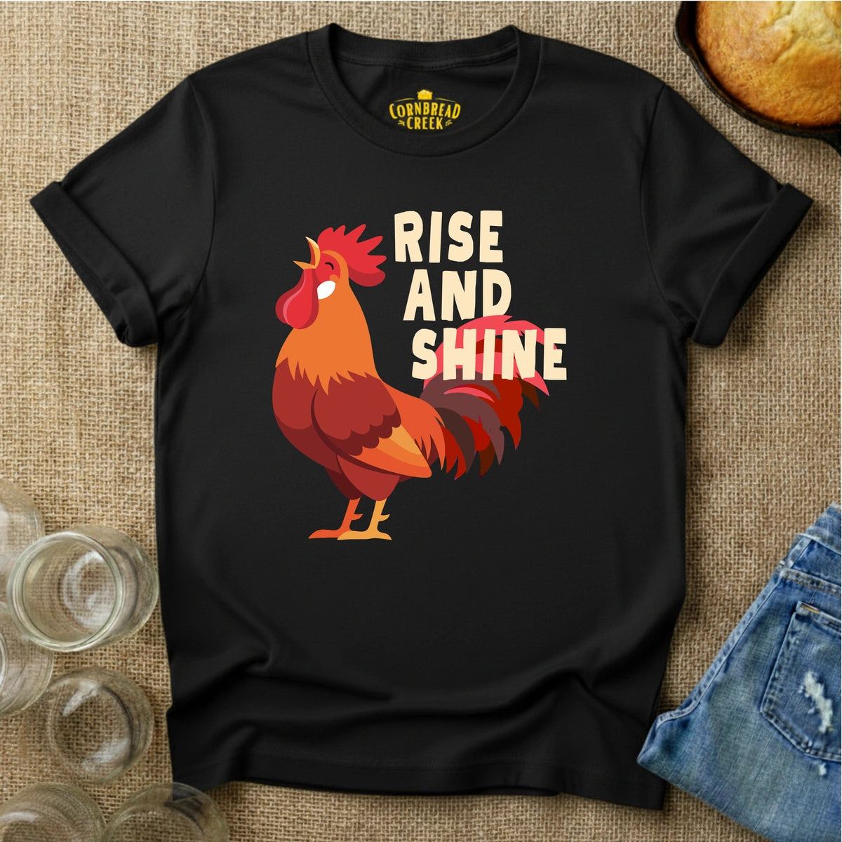Rise And Shine (Rooster) T-Shirt Chicken and Rural Homestead Graphic tee Cornbread Creek