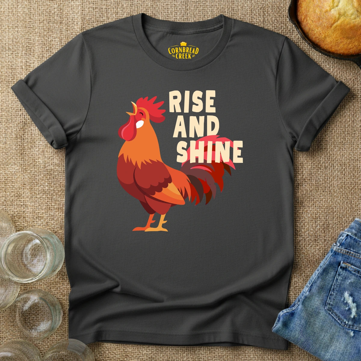Rise And Shine (Rooster) T-Shirt Chicken and Rural Homestead Graphic tee Cornbread Creek