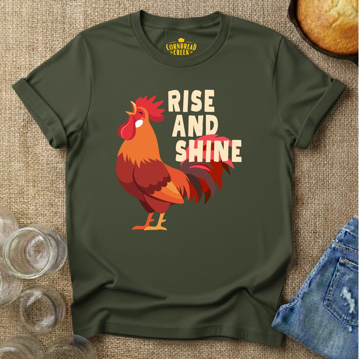 Rise And Shine (Rooster) T-Shirt Chicken and Rural Homestead Graphic tee Cornbread Creek