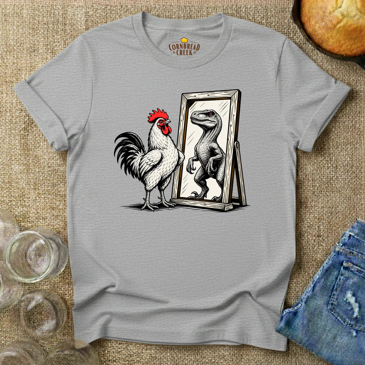 Rooster Reflections (Dinosaur) T-Shirt T-Shirt Chicken and Rural Homestead Graphic tee Cornbread Creek