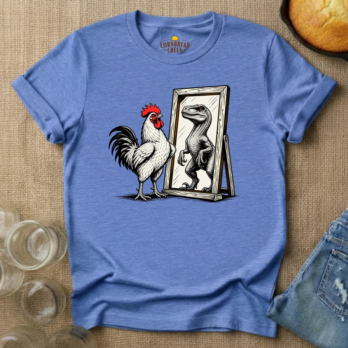 Rooster Reflections (Dinosaur) T-Shirt T-Shirt Chicken and Rural Homestead Graphic tee Cornbread Creek