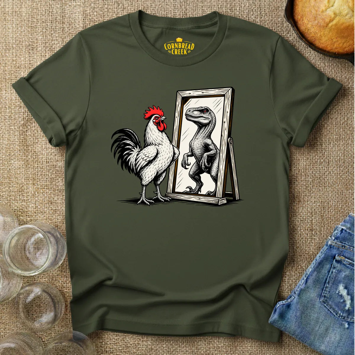 Rooster Reflections (Dinosaur) T-Shirt T-Shirt Chicken and Rural Homestead Graphic tee Cornbread Creek