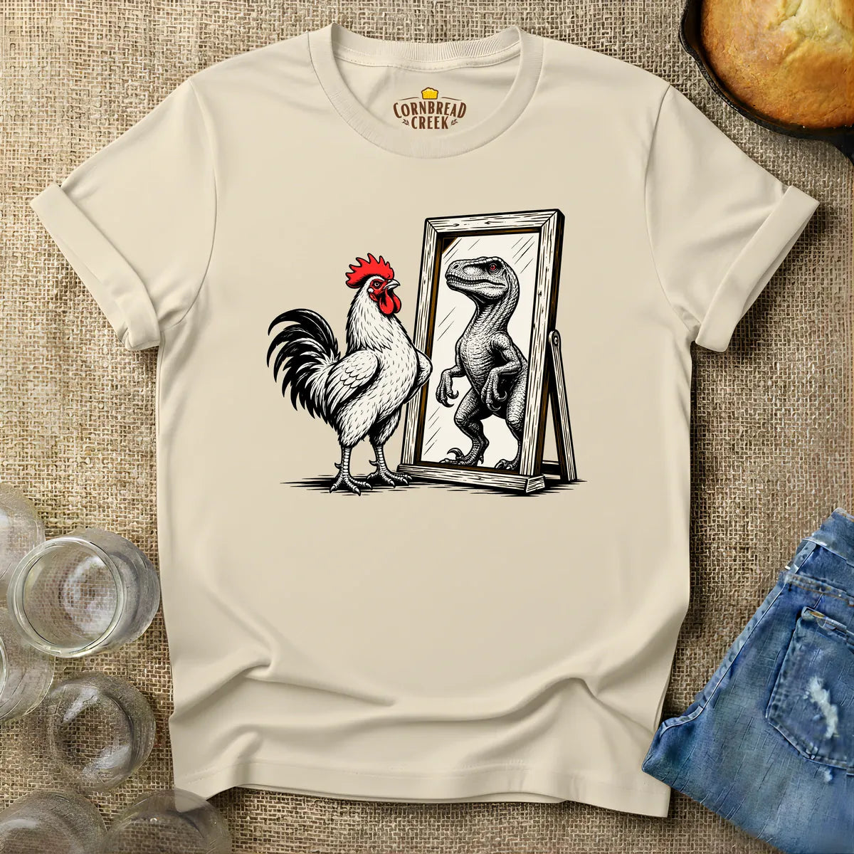 Rooster Reflections (Dinosaur) T-Shirt T-Shirt Chicken and Rural Homestead Graphic tee Cornbread Creek