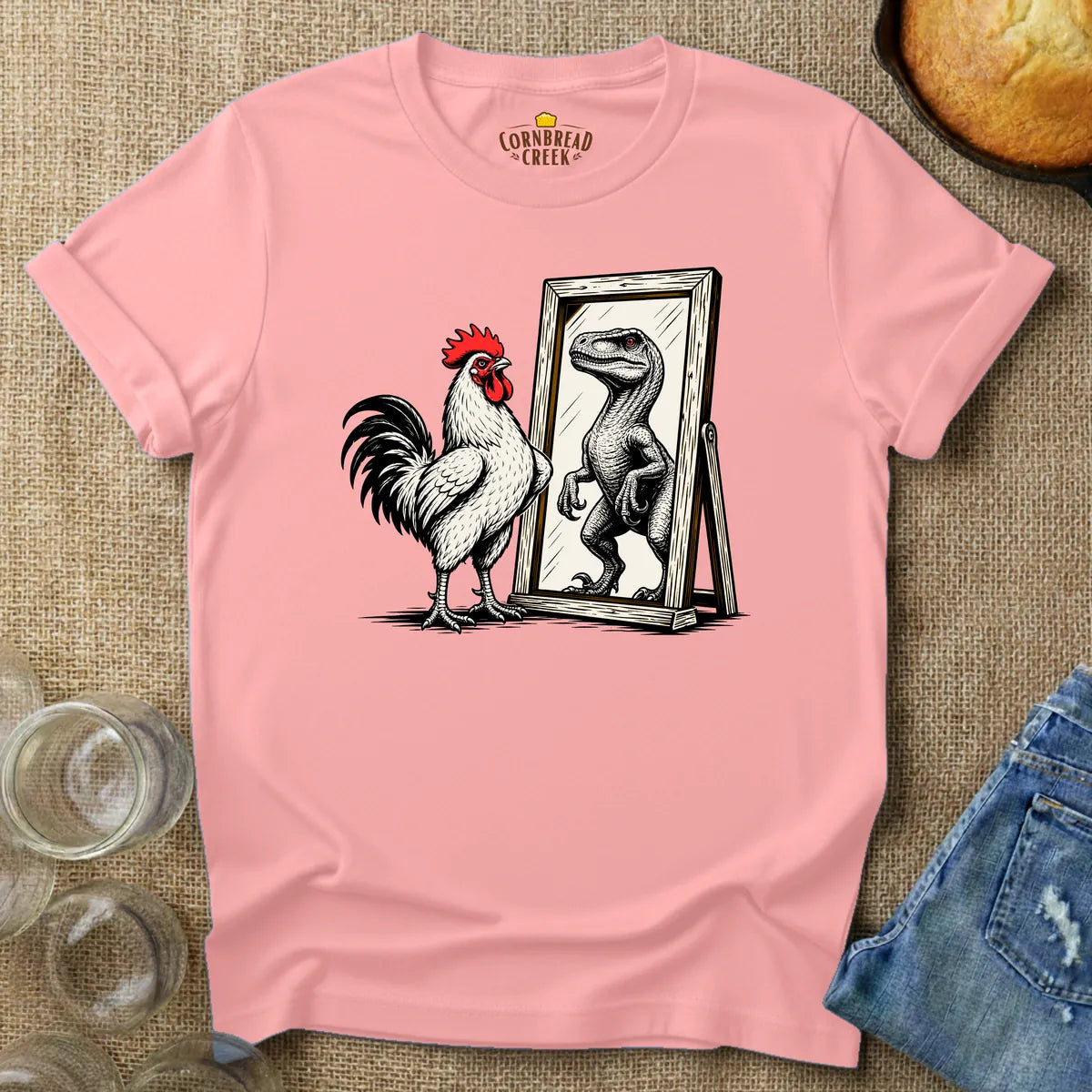 Rooster Reflections (Dinosaur) T-Shirt T-Shirt Chicken and Rural Homestead Graphic tee Cornbread Creek