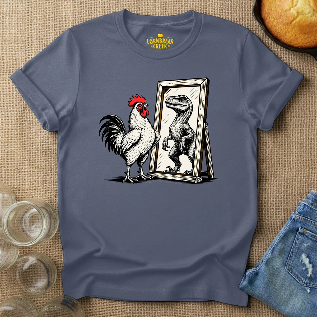 Rooster Reflections (Dinosaur) T-Shirt T-Shirt Chicken and Rural Homestead Graphic tee Cornbread Creek