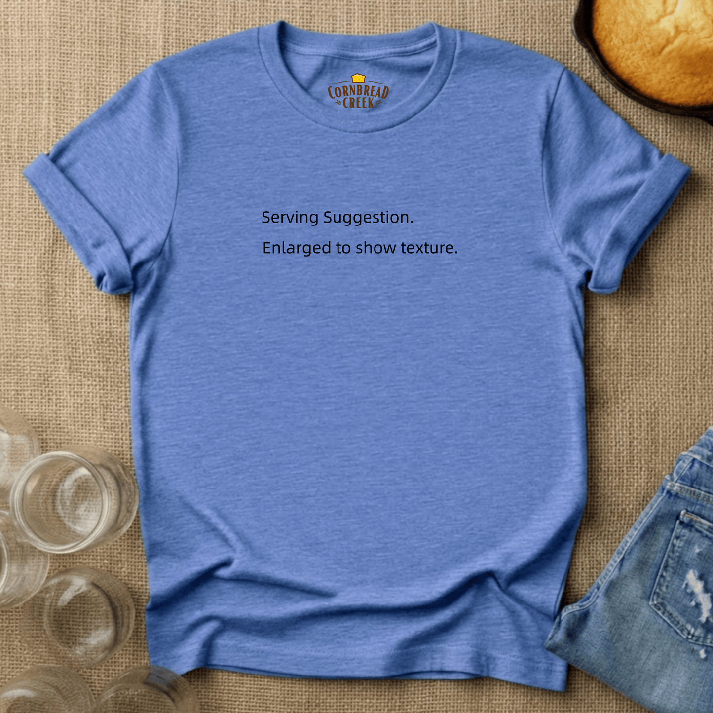 Serving Suggestion. Enlarged to show texture. T-Shirt Chicken and Rural Homestead Graphic tee Cornbread Creek