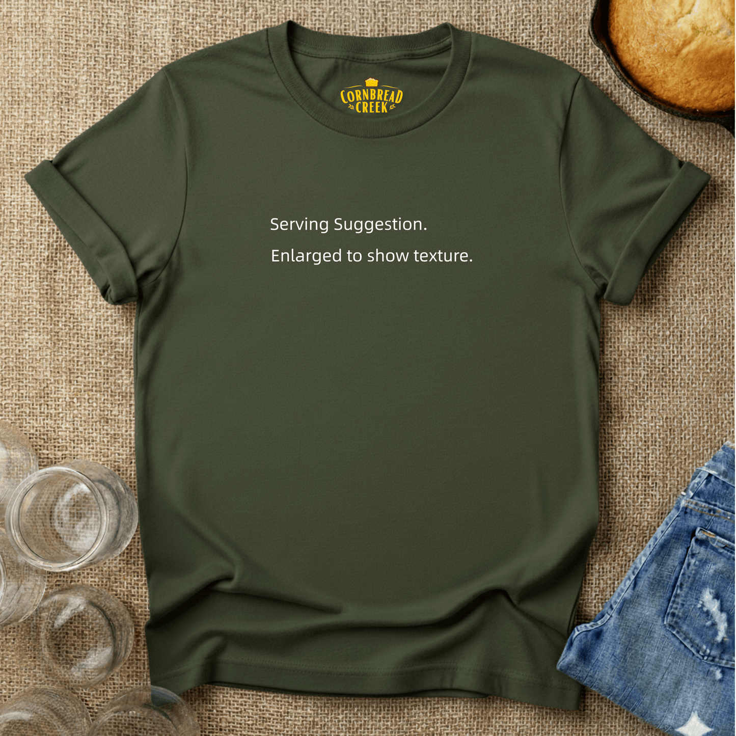 Serving Suggestion. Enlarged to show texture. T-Shirt Chicken and Rural Homestead Graphic tee Cornbread Creek
