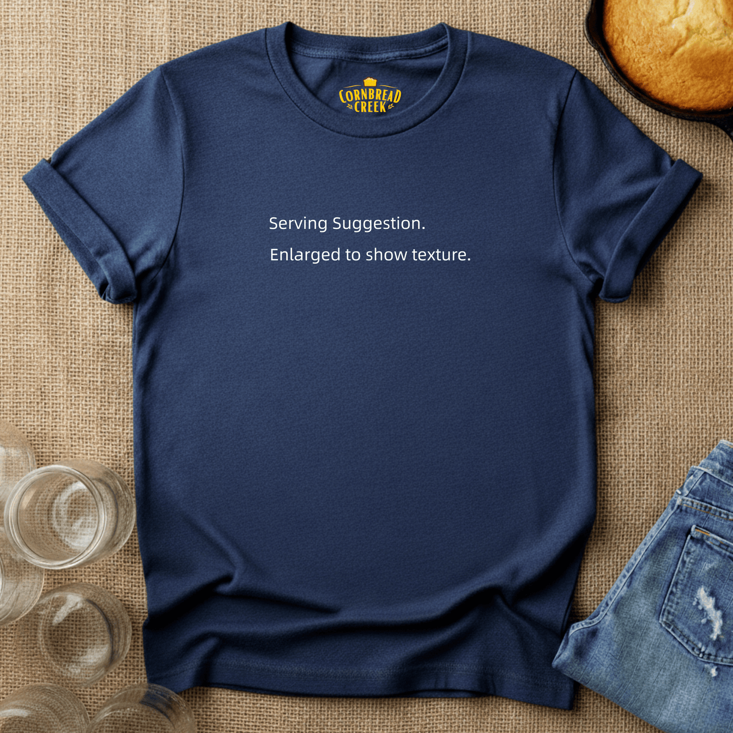 Serving Suggestion. Enlarged to show texture. T-Shirt Chicken and Rural Homestead Graphic tee Cornbread Creek