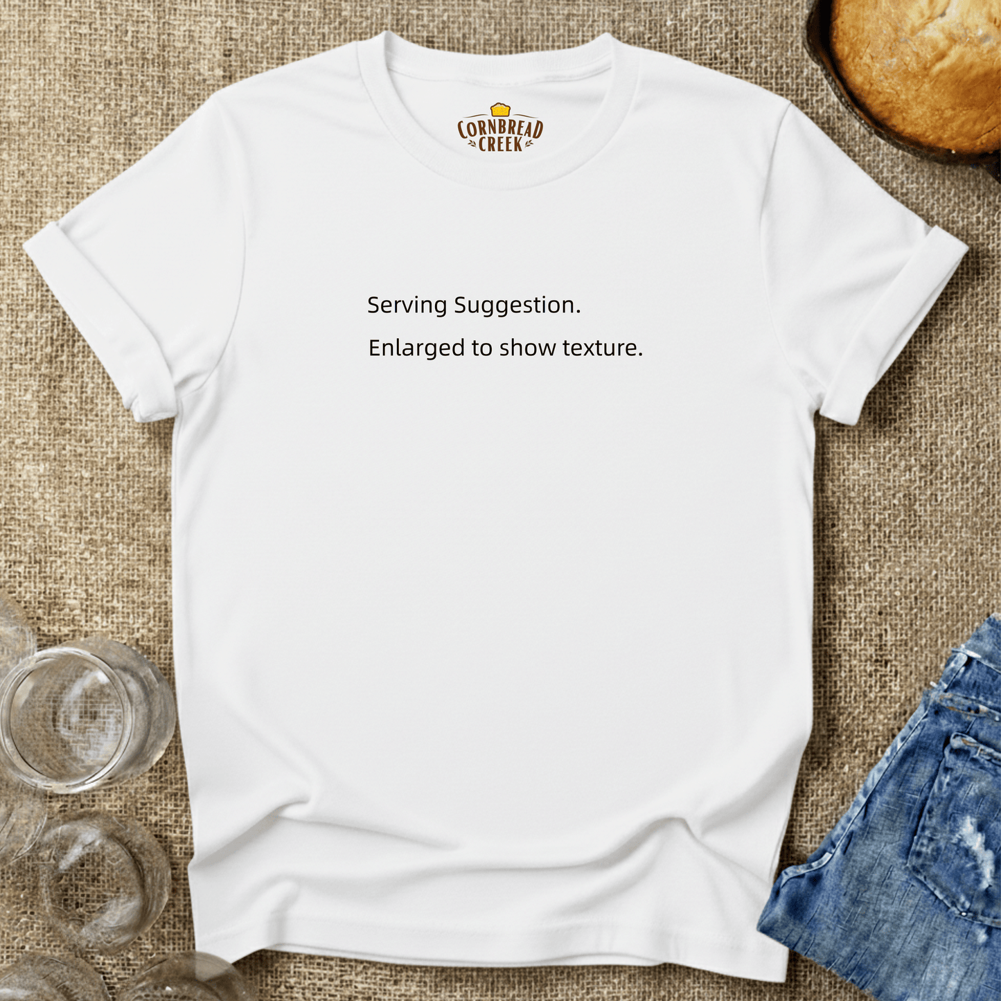 Serving Suggestion. Enlarged to show texture. T-Shirt Chicken and Rural Homestead Graphic tee Cornbread Creek