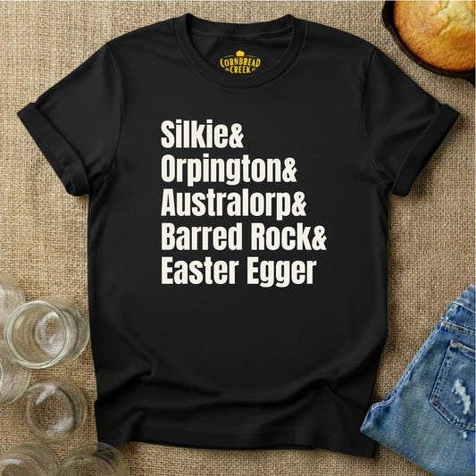 Silkie and Orpington and Australorp and ... T-Shirt Chicken and Rural Homestead Graphic tee Cornbread Creek