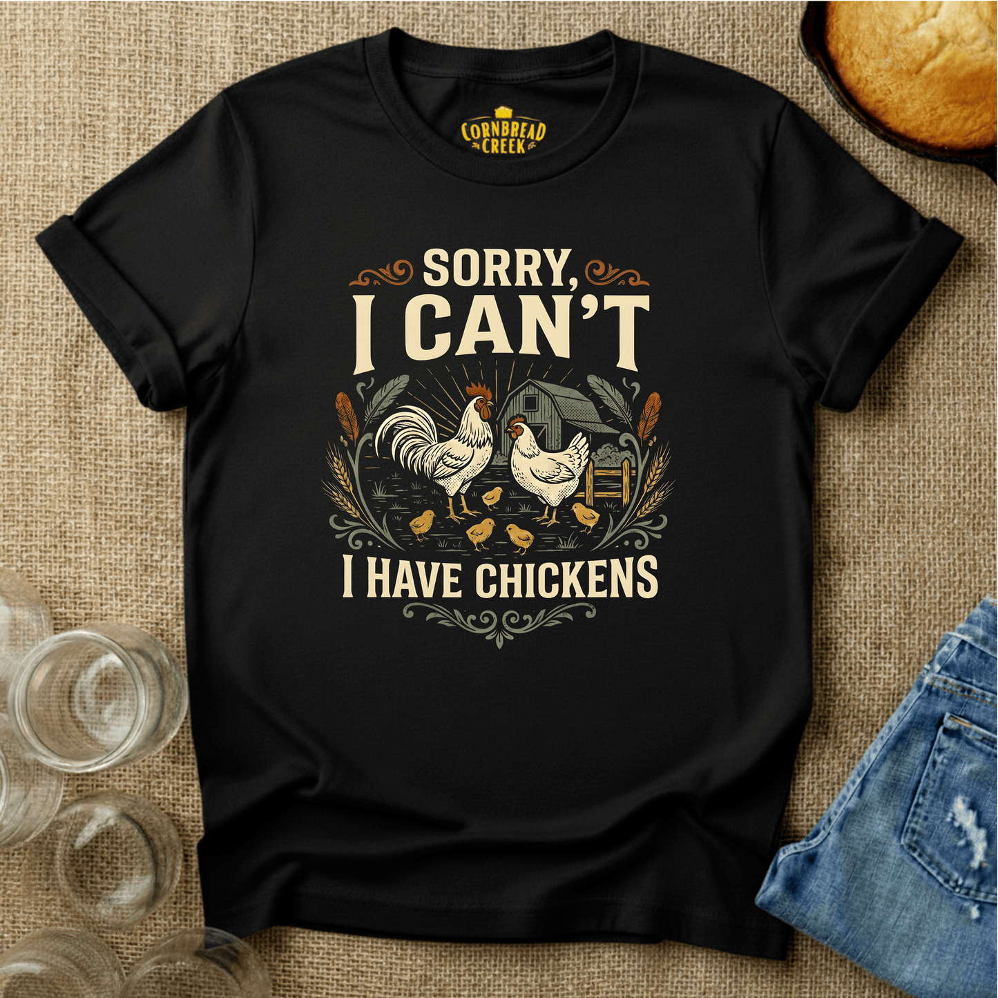 Sorry I Can't.  I Have Chickens. T-Shirt Chicken and Rural Homestead Graphic tee Cornbread Creek