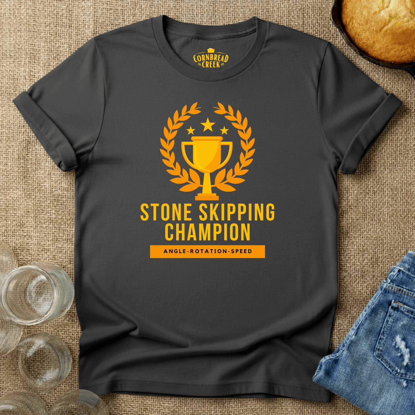 Stone Skipping Champion T-Shirt Chicken and Rural Homestead Graphic tee Printify