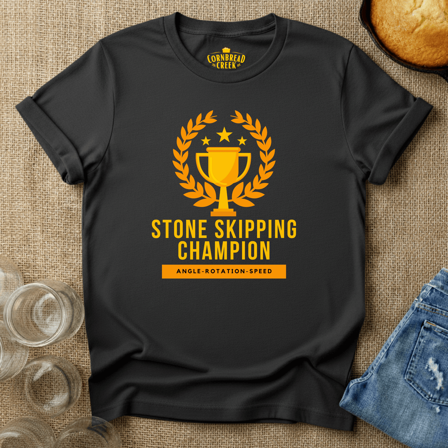 Stone Skipping Champion T-Shirt Chicken and Rural Homestead Graphic tee Printify