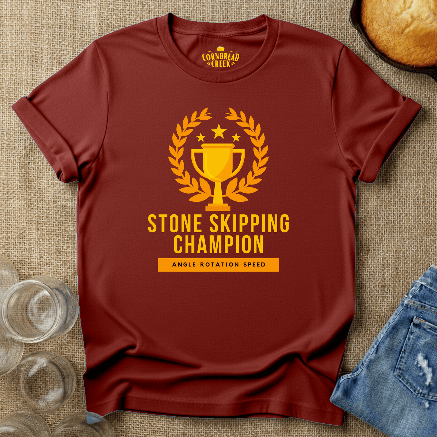 Stone Skipping Champion T-Shirt Chicken and Rural Homestead Graphic tee Printify