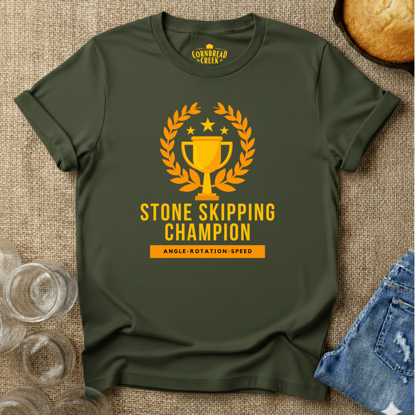 Stone Skipping Champion T-Shirt Chicken and Rural Homestead Graphic tee Printify
