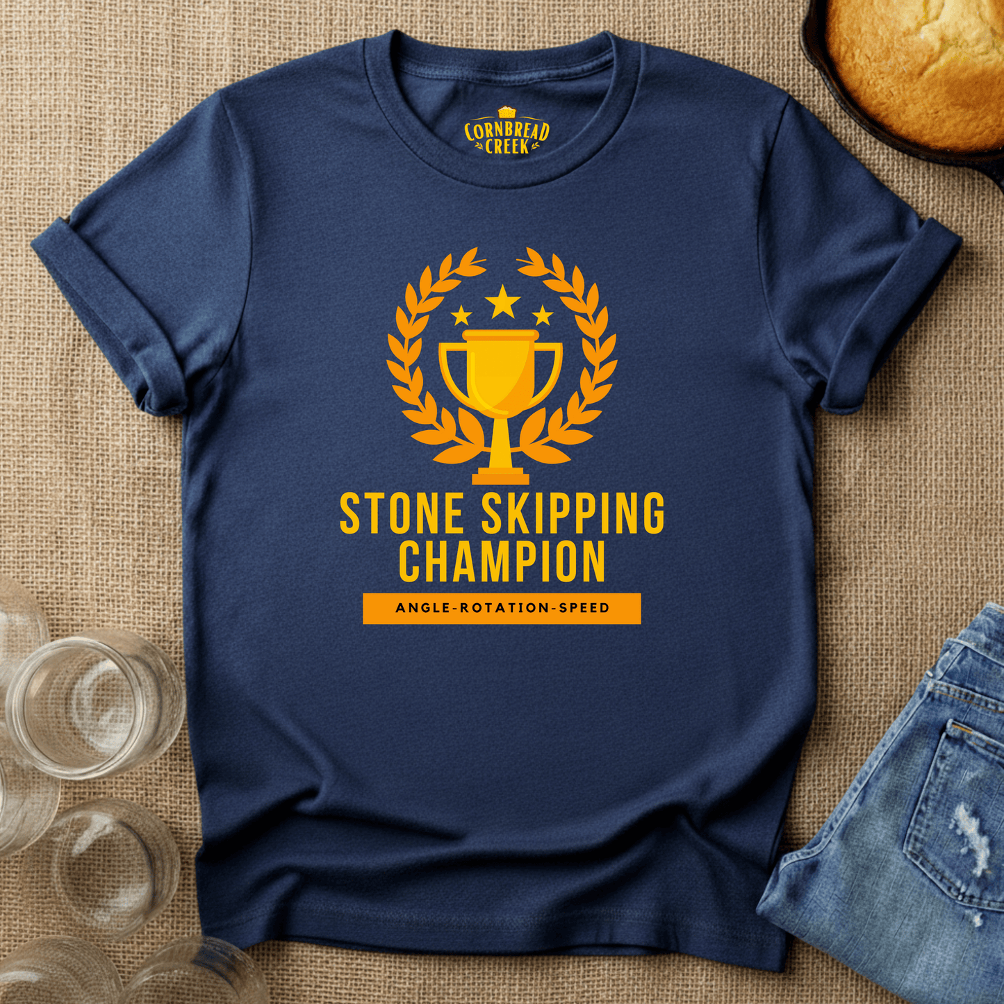 Stone Skipping Champion T-Shirt Chicken and Rural Homestead Graphic tee Printify