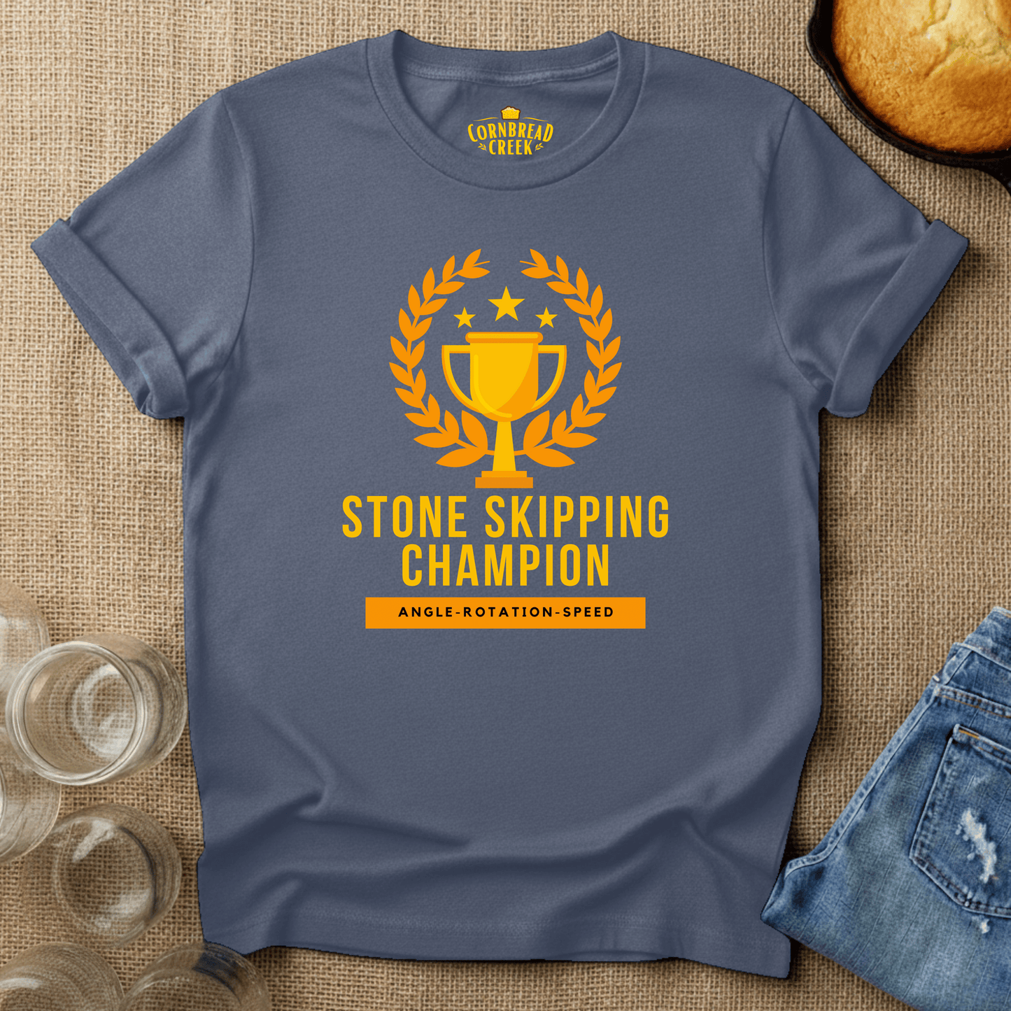 Stone Skipping Champion T-Shirt Chicken and Rural Homestead Graphic tee Printify