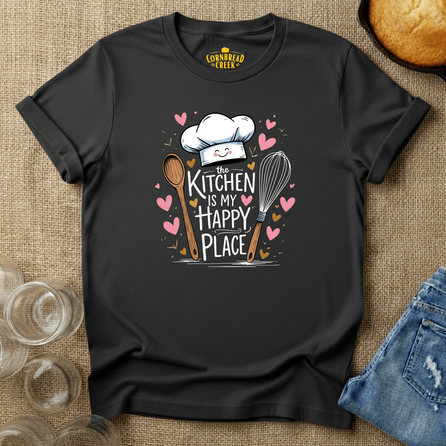 The Kitchen Is My Happy Place T-Shirt Chicken and Rural Homestead Graphic tee Cornbread Creek