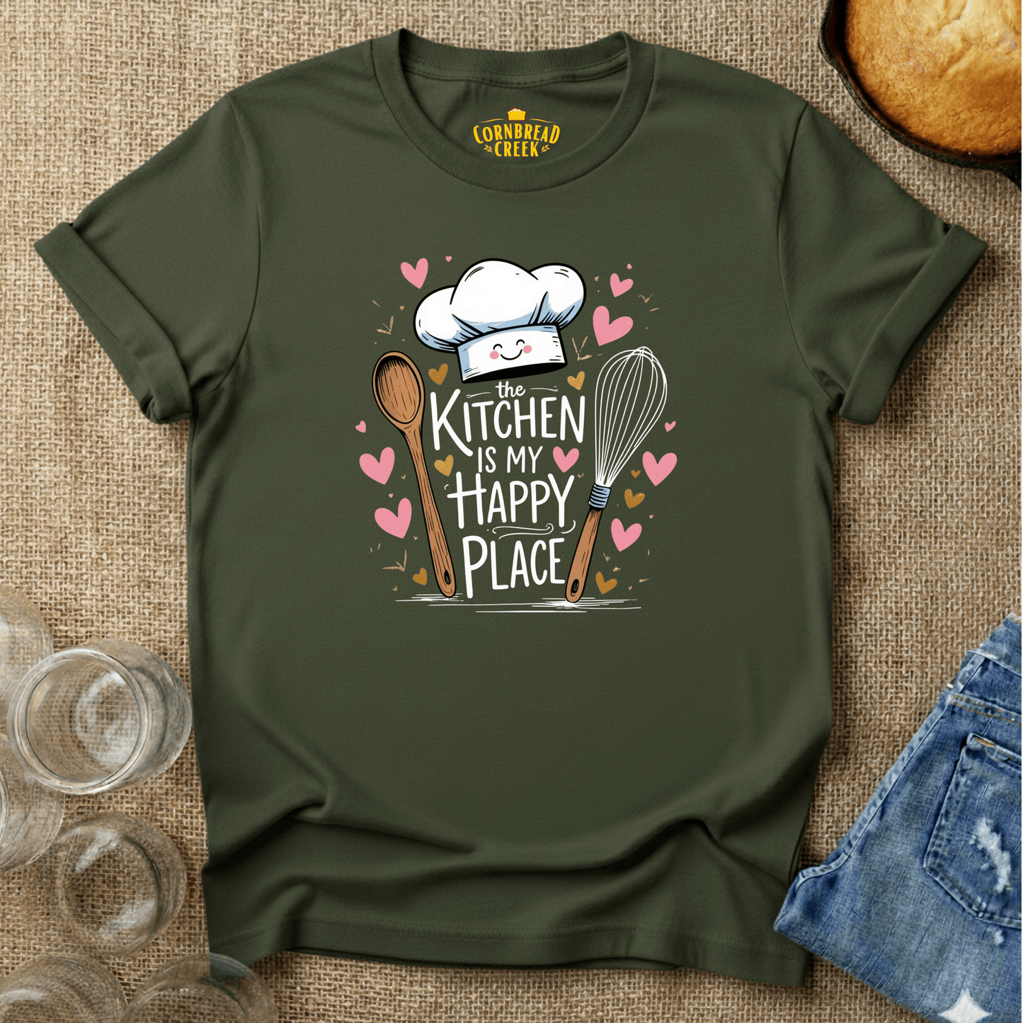 The Kitchen Is My Happy Place T-Shirt Chicken and Rural Homestead Graphic tee Cornbread Creek