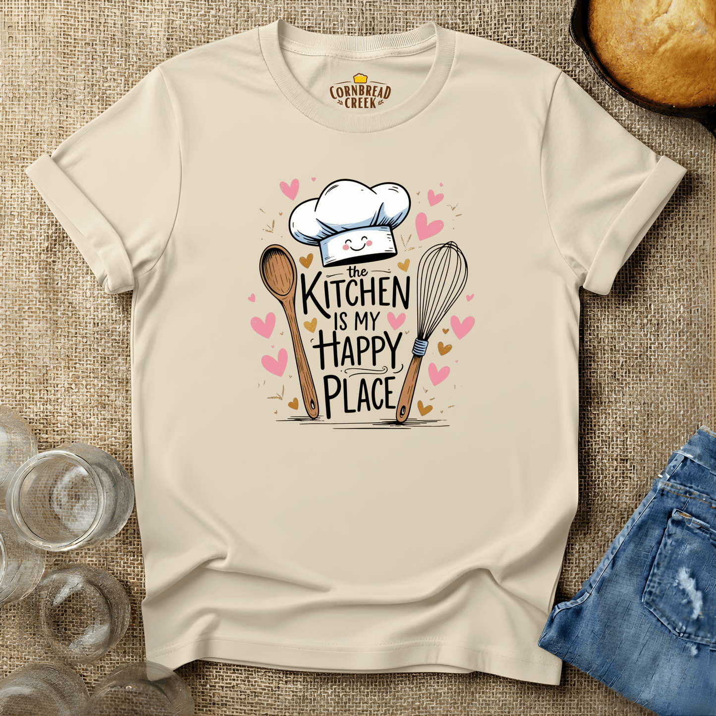 The Kitchen Is My Happy Place T-Shirt Chicken and Rural Homestead Graphic tee Cornbread Creek