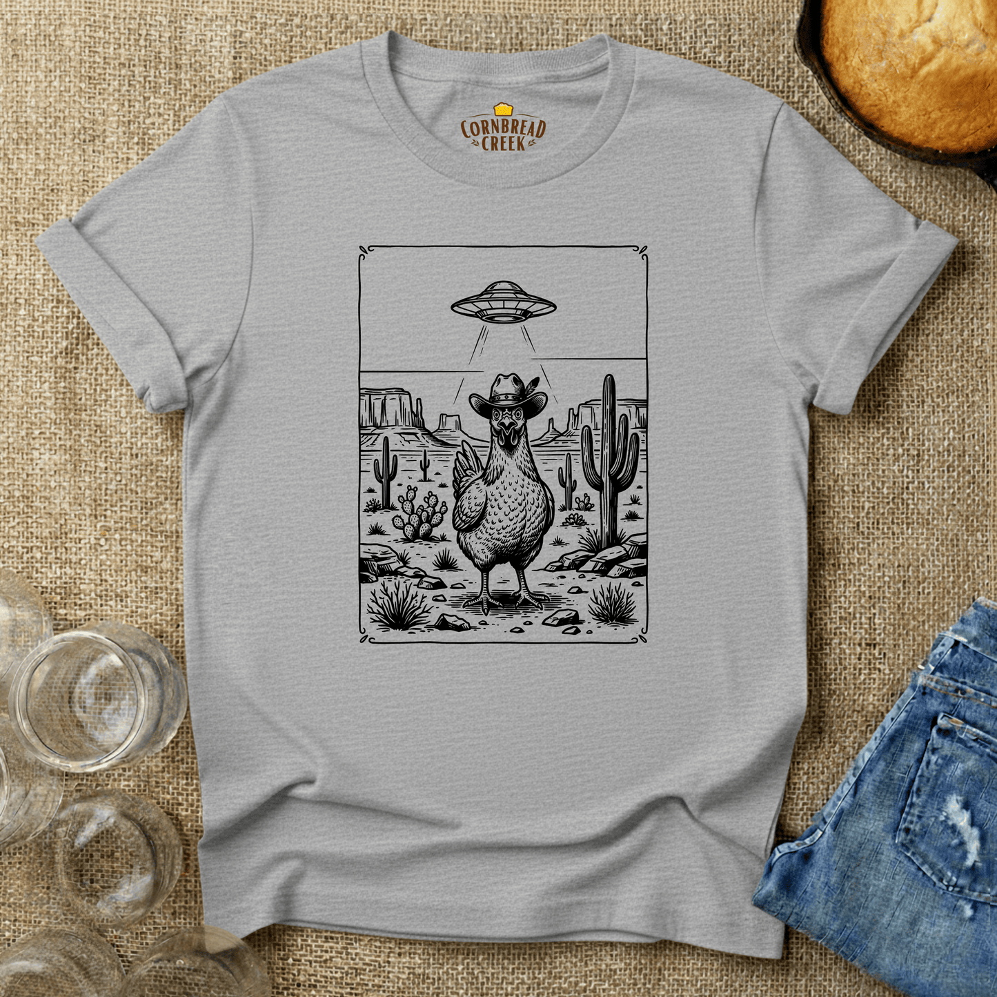 UFO Chicken 🛸 T-Shirt Chicken and Rural Homestead Graphic tee Cornbread Creek