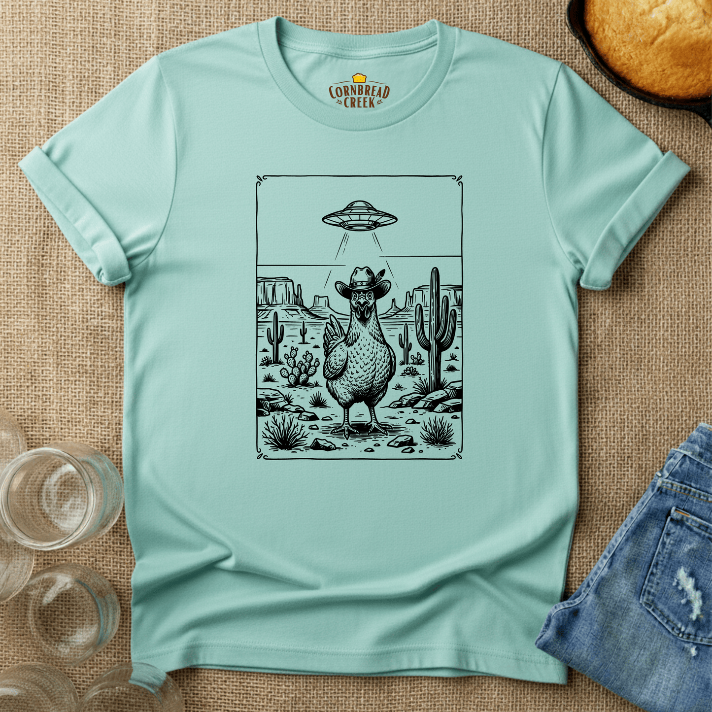 UFO Chicken 🛸 T-Shirt Chicken and Rural Homestead Graphic tee Cornbread Creek