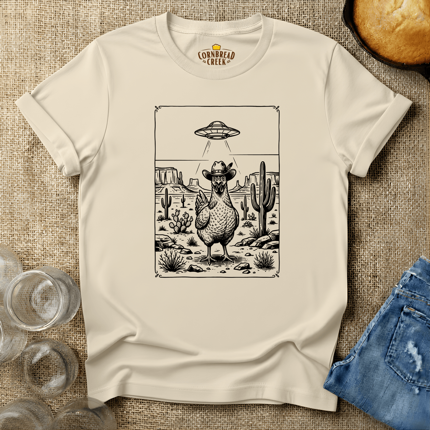 UFO Chicken 🛸 T-Shirt Chicken and Rural Homestead Graphic tee Cornbread Creek
