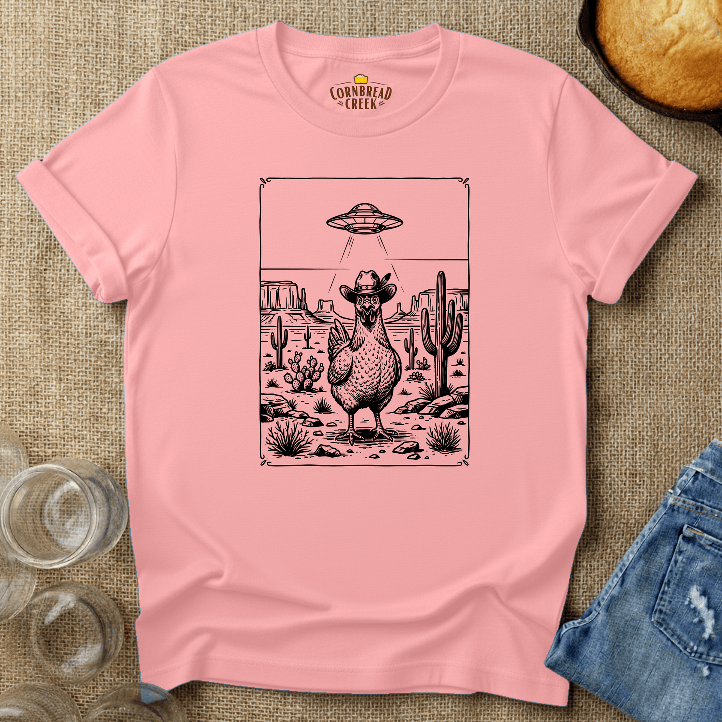 UFO Chicken 🛸 T-Shirt Chicken and Rural Homestead Graphic tee Cornbread Creek
