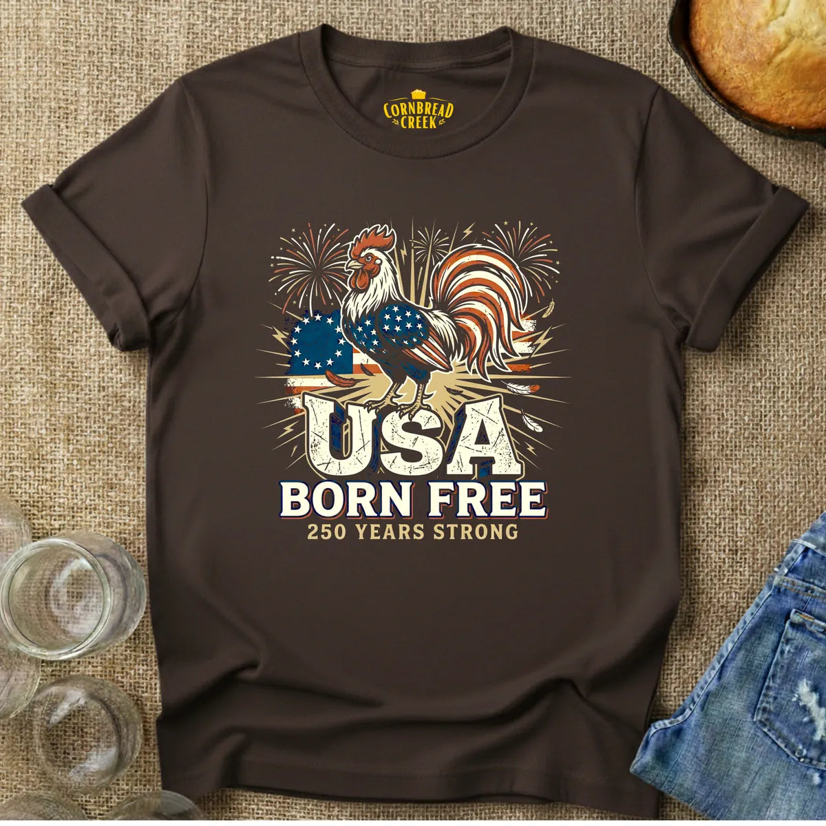 USA's 250 Patriotic Rooster T-Shirt Chicken and Rural Homestead Graphic tee Cornbread Creek