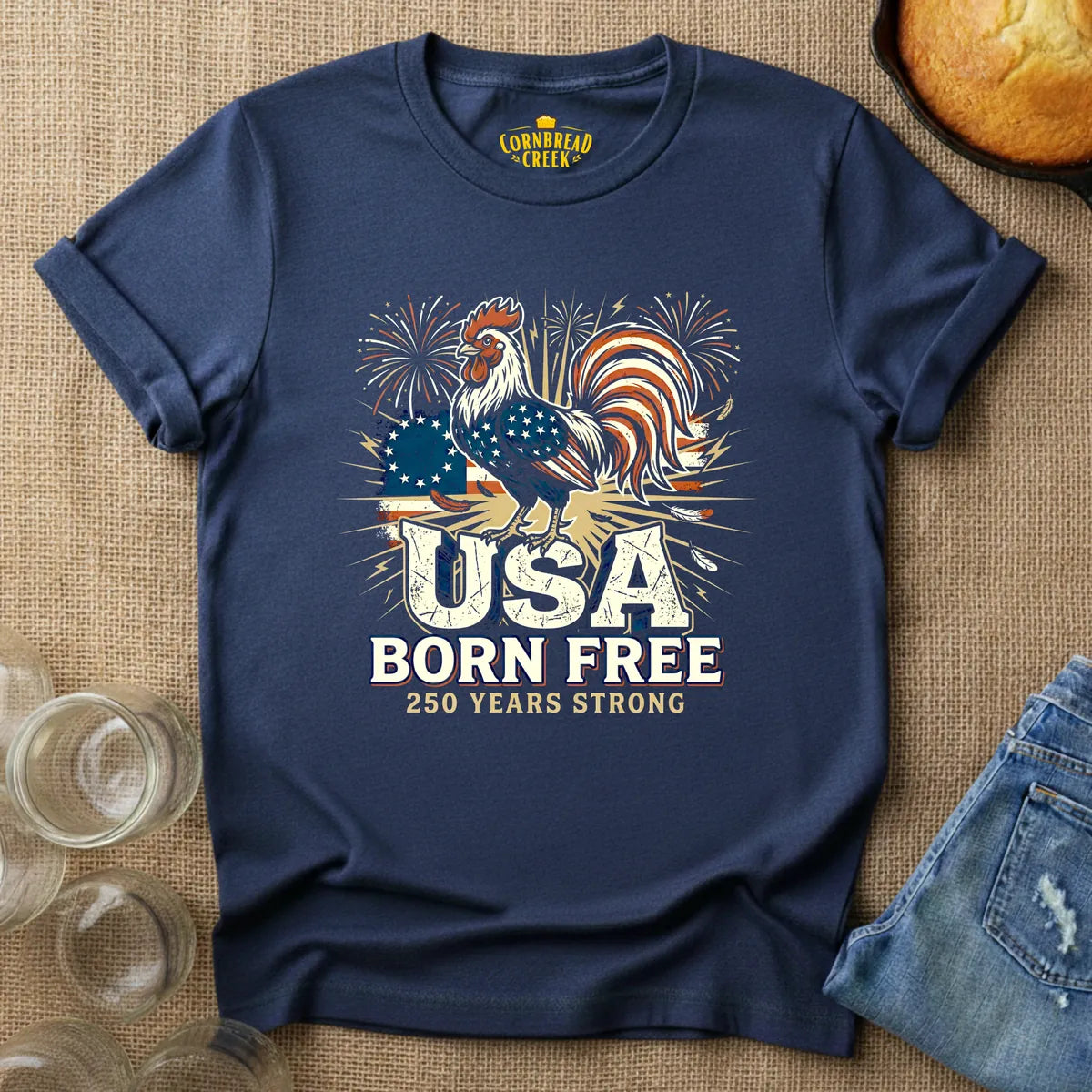 USA's 250 Patriotic Rooster T-Shirt Chicken and Rural Homestead Graphic tee Cornbread Creek