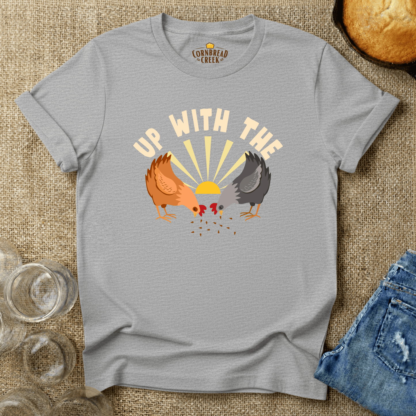 Up With The Chickens T-Shirt Chicken and Rural Homestead Graphic tee Cornbread Creek