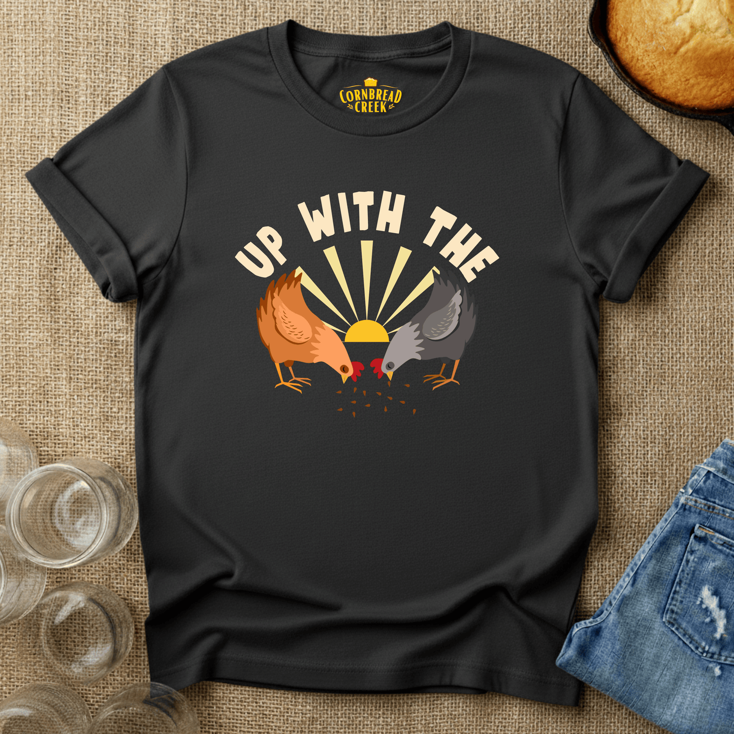 Up With The Chickens T-Shirt Chicken and Rural Homestead Graphic tee Cornbread Creek