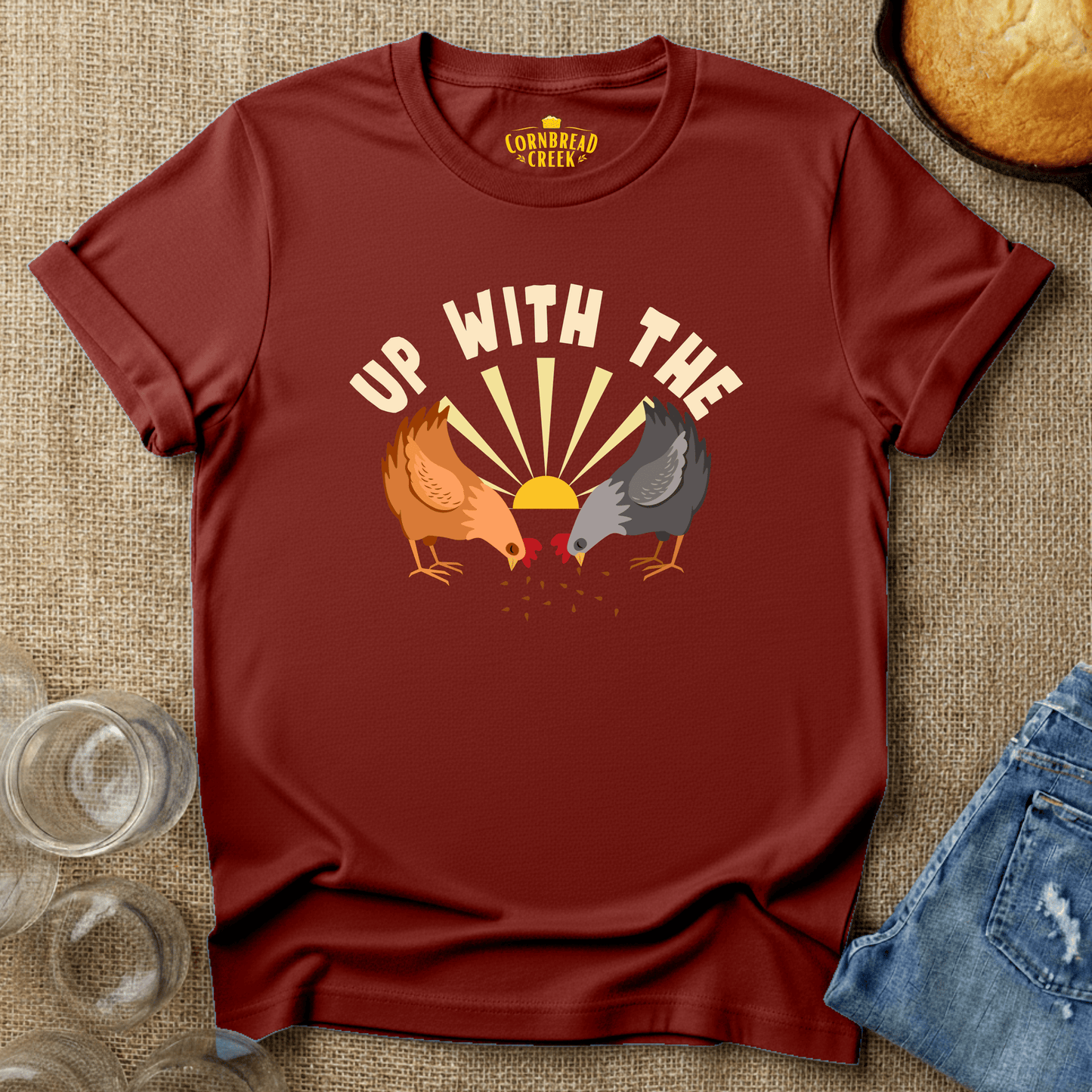 Up With The Chickens T-Shirt Chicken and Rural Homestead Graphic tee Cornbread Creek
