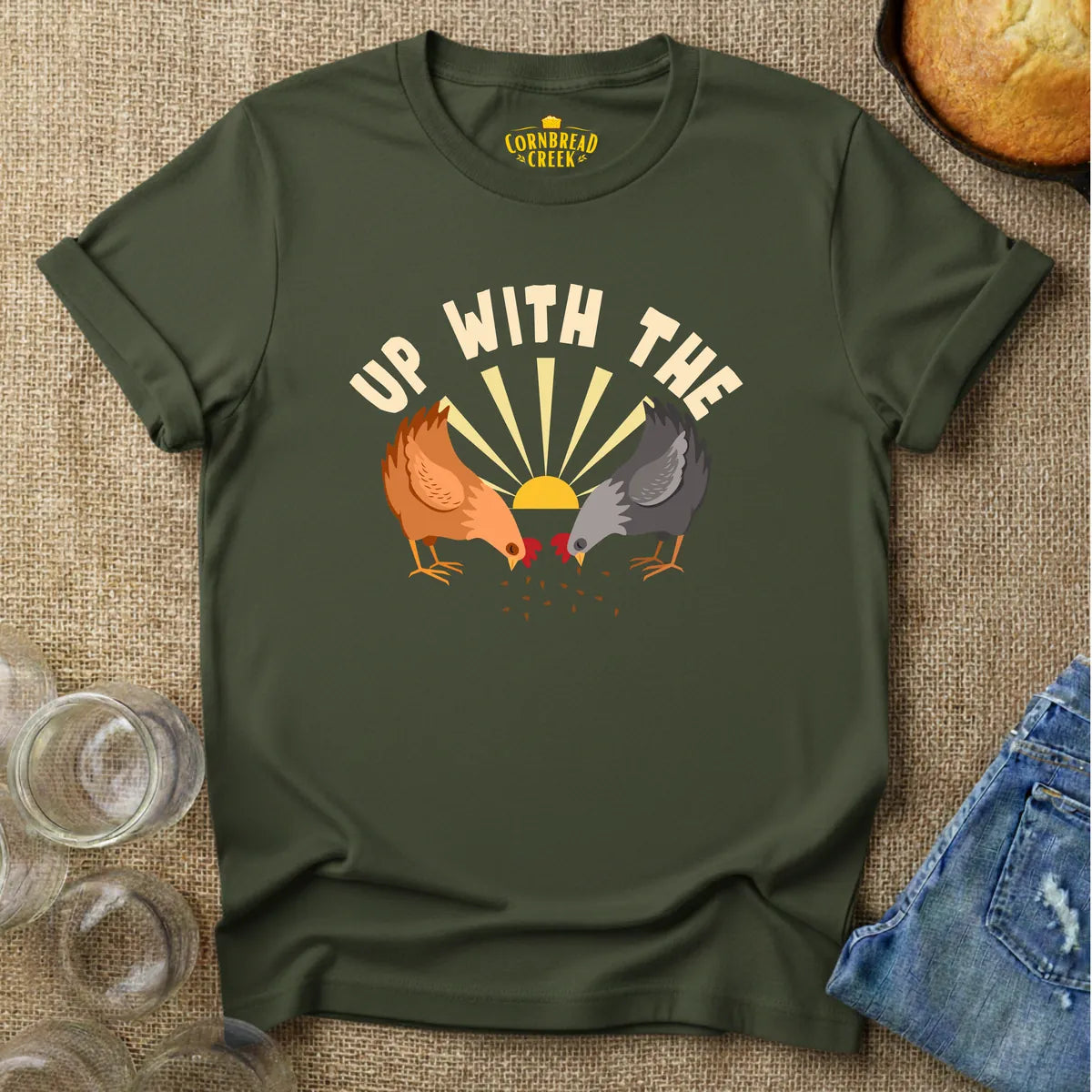 Up With The Chickens T-Shirt Chicken and Rural Homestead Graphic tee Cornbread Creek