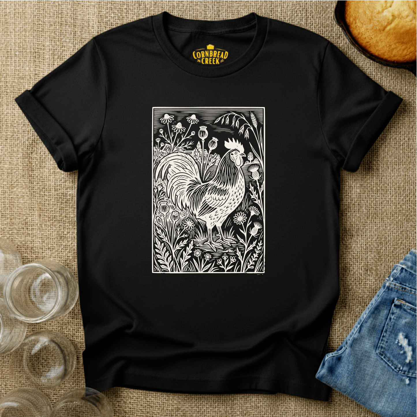 Woodcut Chicken and Flowers T-Shirt Chicken and Rural Homestead Graphic tee Cornbread Creek