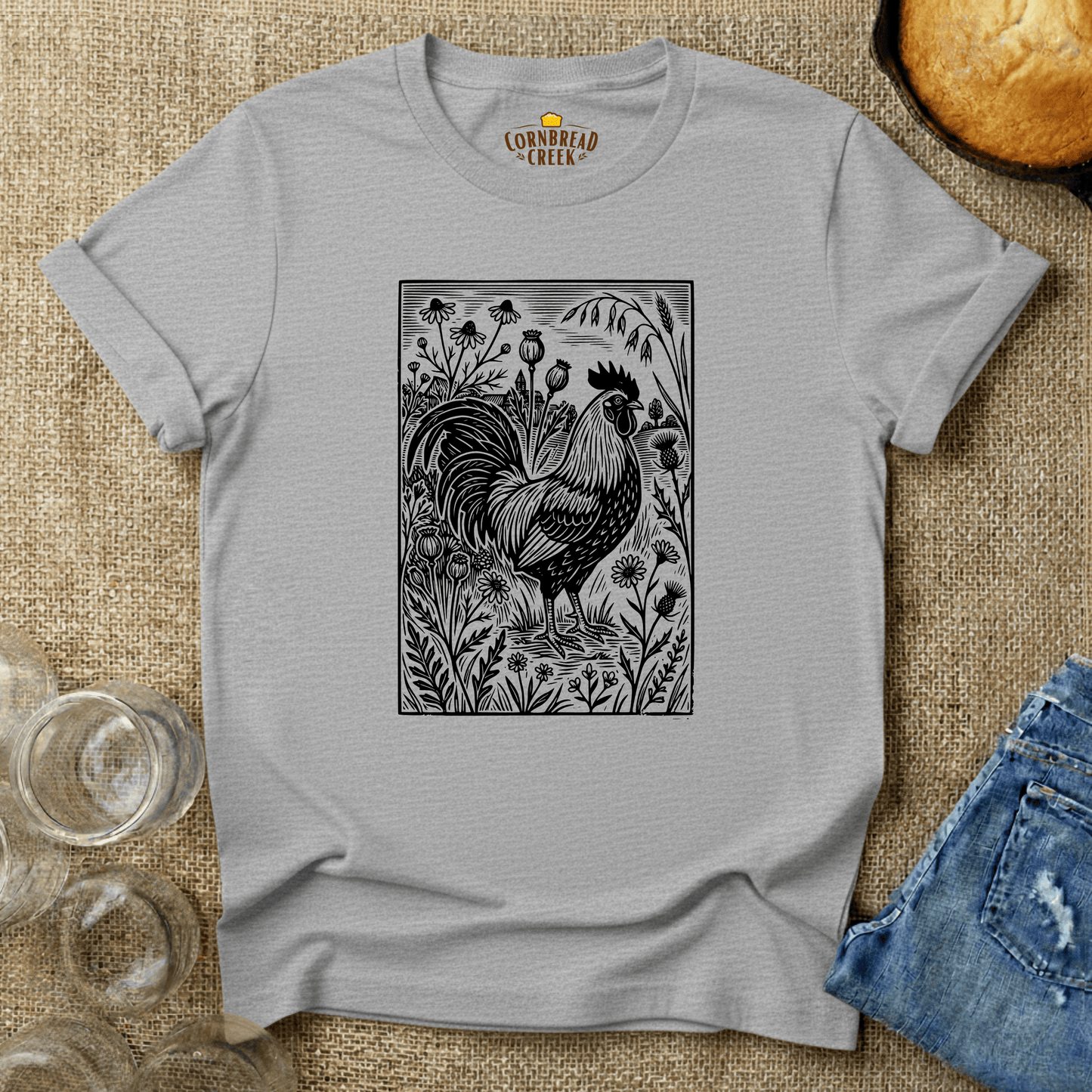 Woodcut Chicken and Flowers T-Shirt Chicken and Rural Homestead Graphic tee Cornbread Creek