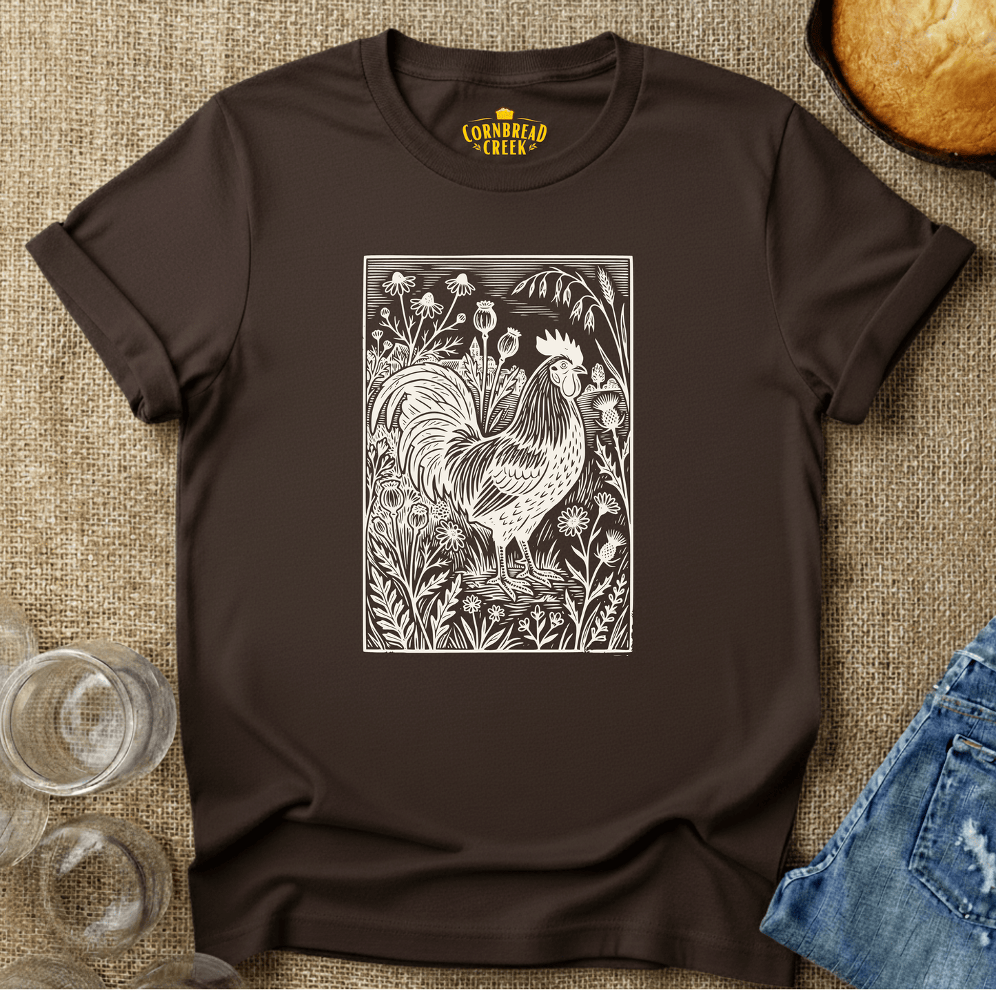 Woodcut Chicken and Flowers T-Shirt Chicken and Rural Homestead Graphic tee Cornbread Creek