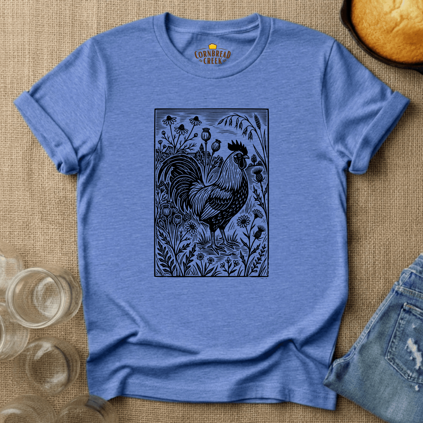 Woodcut Chicken and Flowers T-Shirt Chicken and Rural Homestead Graphic tee Cornbread Creek