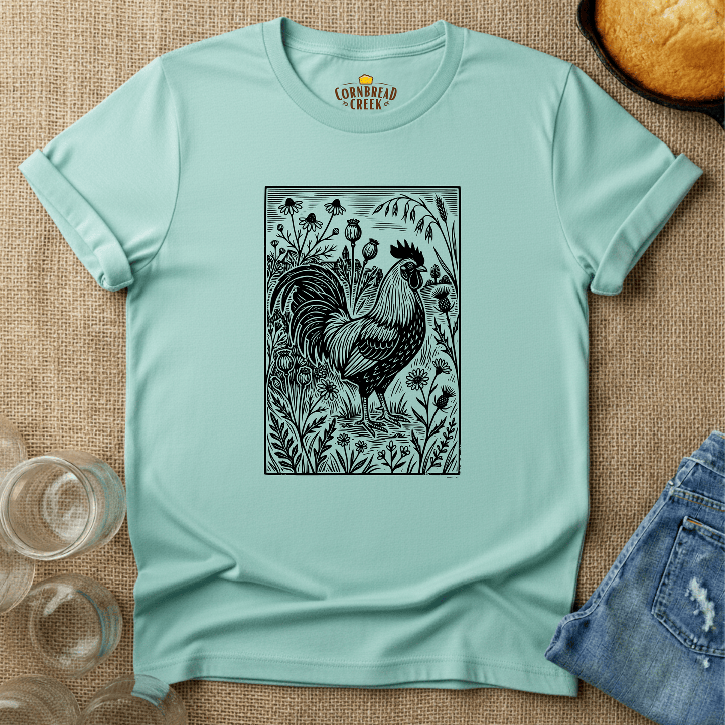 Woodcut Chicken and Flowers T-Shirt Chicken and Rural Homestead Graphic tee Cornbread Creek