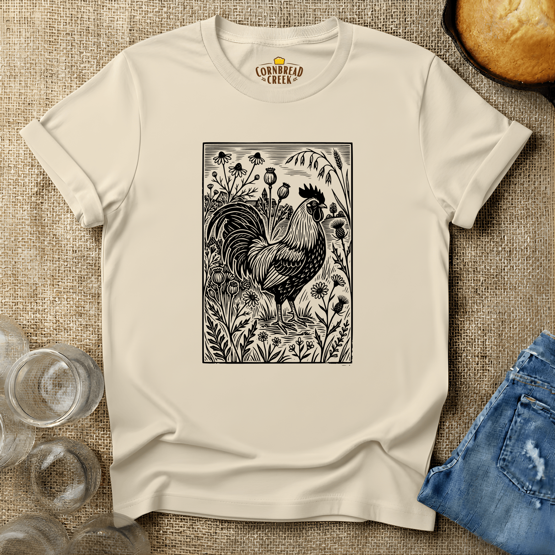 Woodcut Chicken and Flowers T-Shirt Chicken and Rural Homestead Graphic tee Cornbread Creek