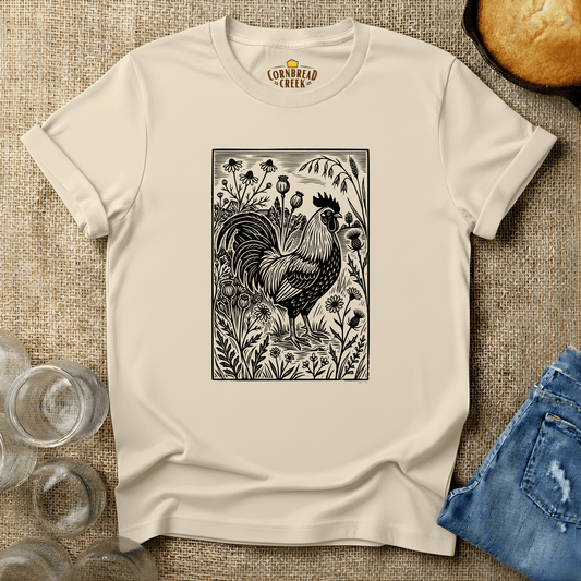 Woodcut Chicken and Flowers T-Shirt Chicken and Rural Homestead Graphic tee Cornbread Creek