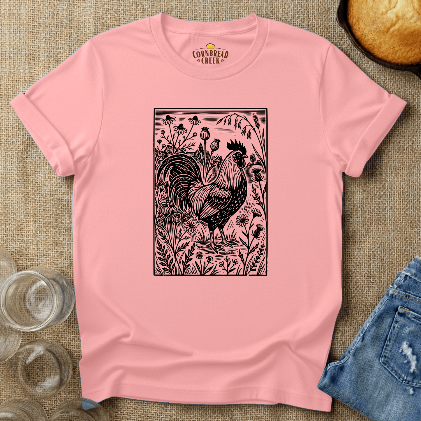 Woodcut Chicken and Flowers T-Shirt Chicken and Rural Homestead Graphic tee Cornbread Creek