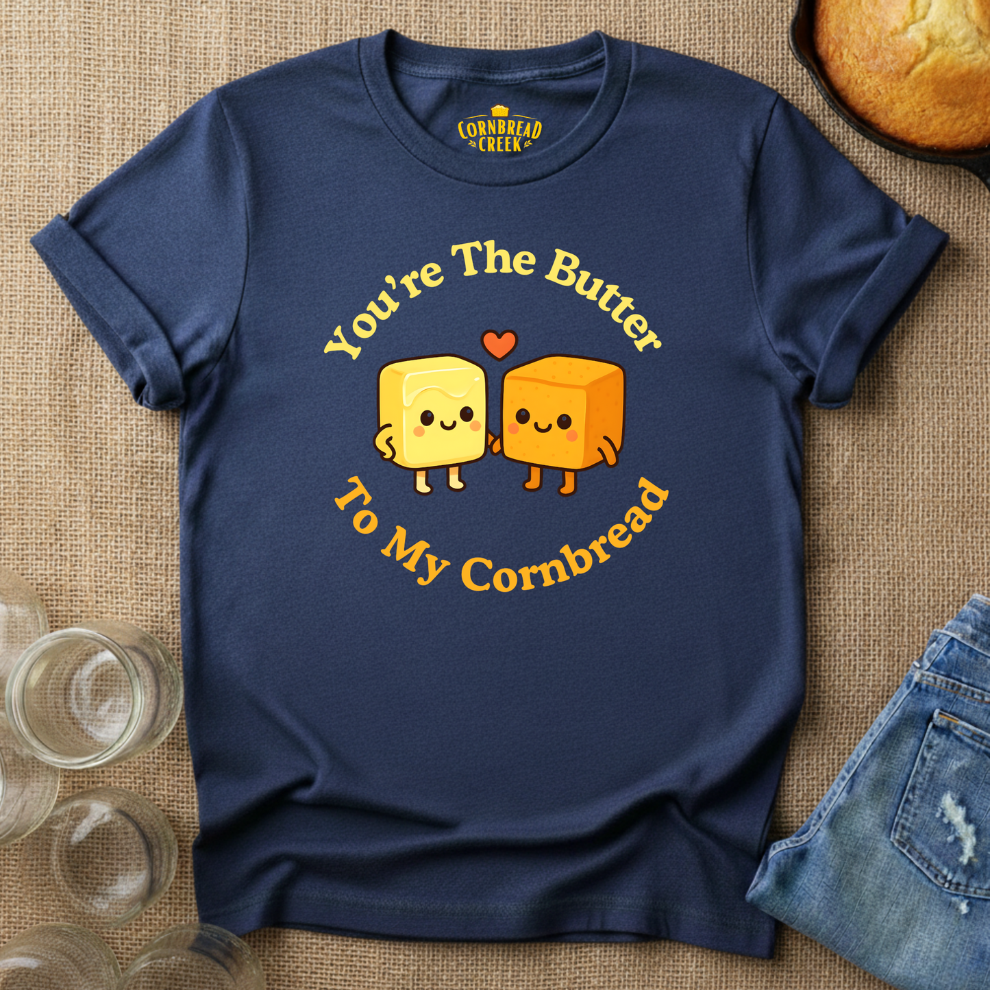 Navy t-shirt with cartoon butter and cornbread characters that says You're the Butter to my Cornbread
